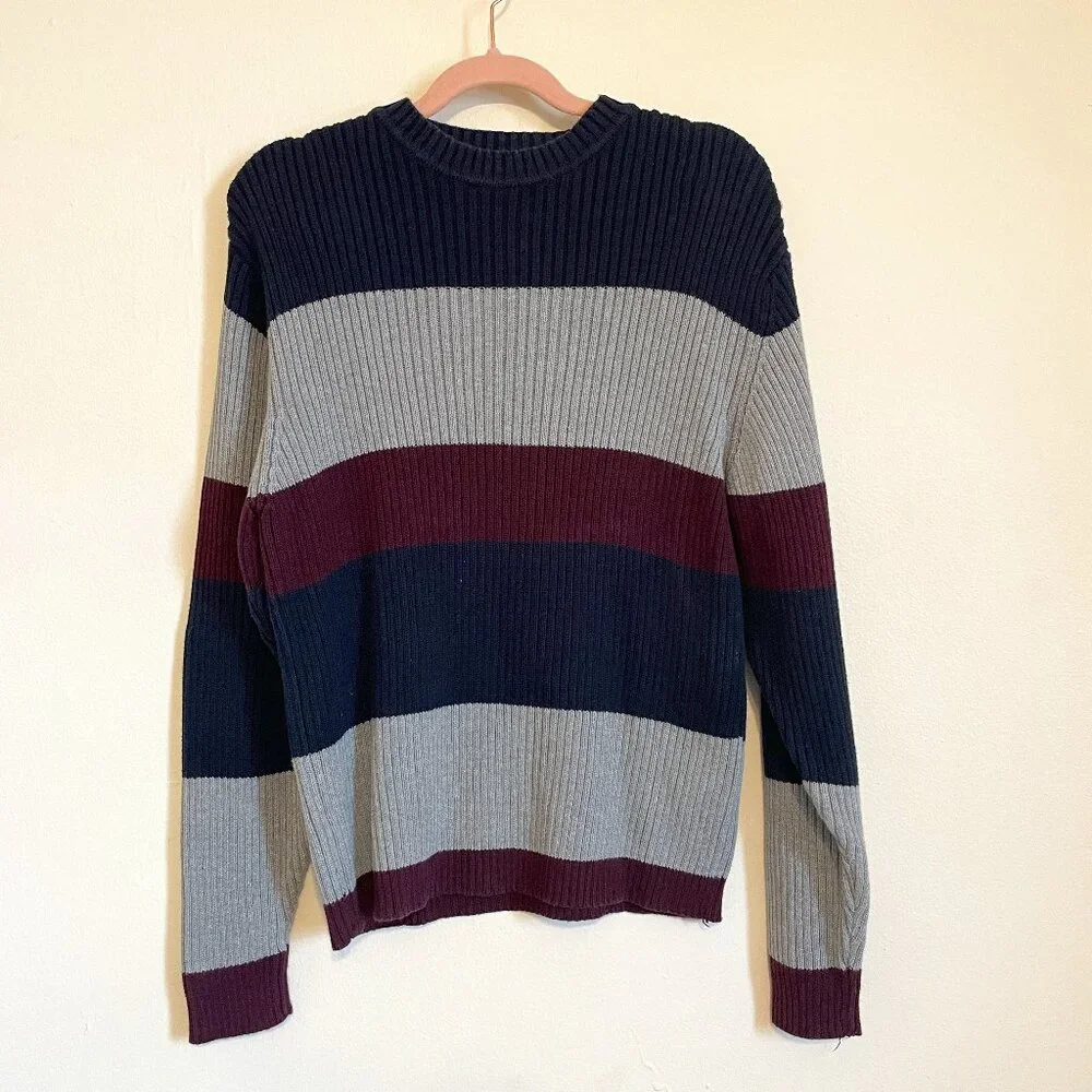 🔥 Arrow | Navy/Gray/Burgundy Ribbed Cotton Crewneck Sweater Small